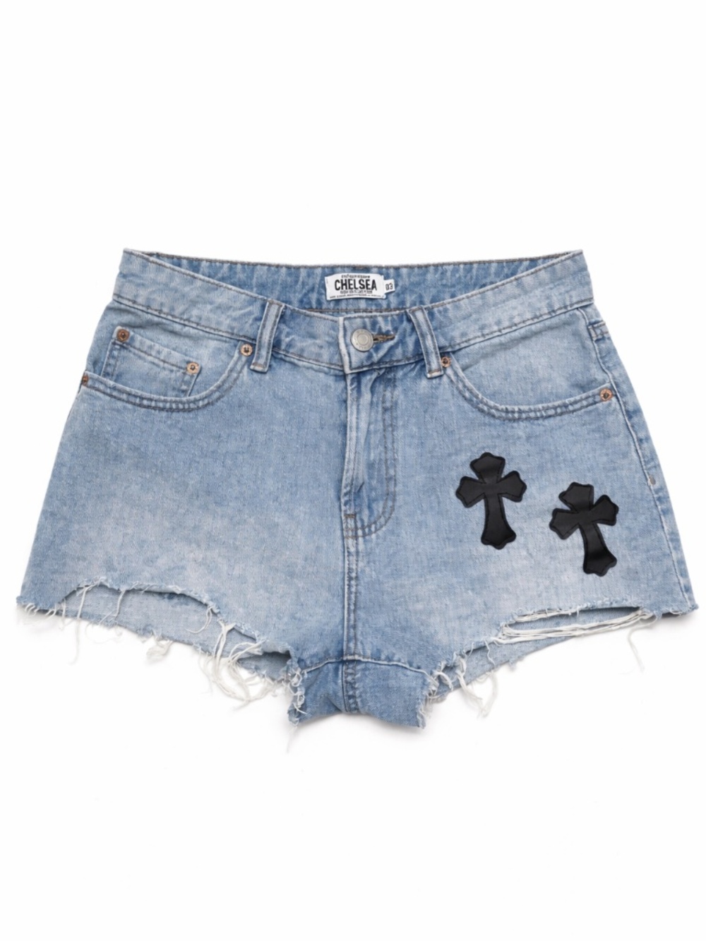 Refuge Light Blue High-Rise Denim Shorts with Black Cross Patches – Size 3 EUC